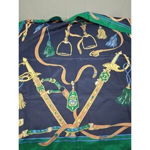 Navy Blue & Gold Equestrian Chain Belt Print Scarf 30in Square Made Italy Horse